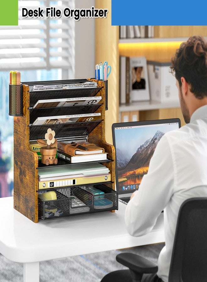 DAOUTIME 6-tier Mesh Desk Organizer, Wooden Desk File Organizer with Pen Holders, Desktop Organizers and Accessories with Drawer for Home Office - Image 2