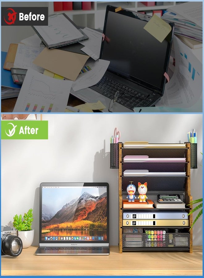 DAOUTIME 6-tier Mesh Desk Organizer, Wooden Desk File Organizer with Pen Holders, Desktop Organizers and Accessories with Drawer for Home Office - Image 4