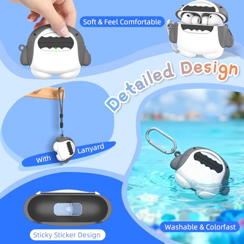 FGERWZ Funny Cover for AirPods Pro 3 Case Cute (2025), Soft Silicone Shockproof Protection 3D Cartoon Case for AirPods Pro 3rd Generation Cute Airpod pro 3 case with Carabiner & Cleaner Kit (Shark) - Image 4