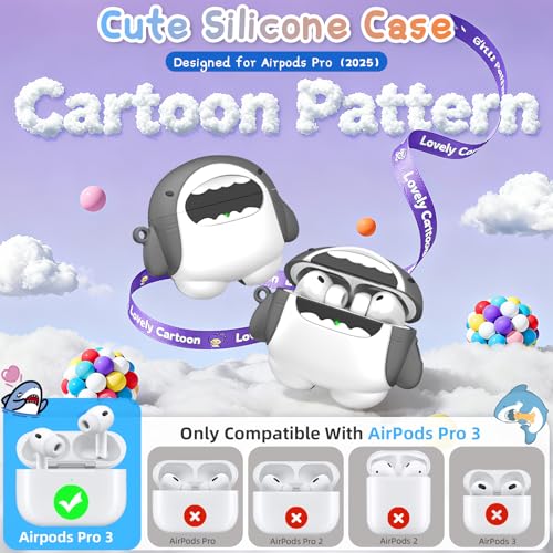 FGERWZ Funny Cover for AirPods Pro 3 Case Cute (2025), Soft Silicone Shockproof Protection 3D Cartoon Case for AirPods Pro 3rd Generation Cute Airpod pro 3 case with Carabiner & Cleaner Kit (Shark) - Image 2