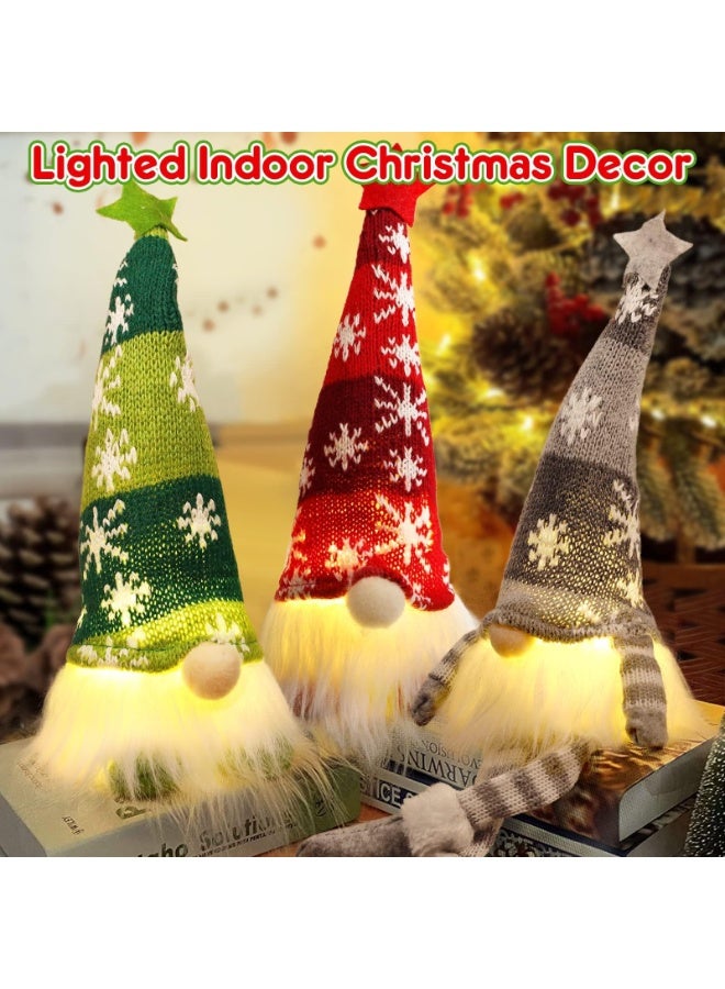 3 Pack Gnomes Christmas Decorations 13.7" Lighted Swedish Tomte Xmas Gnome Plush Elf Doll Scandinavian Santa Christmas Ornaments Holiday Indoor Home Tabletop Decorations Gifts, Red Green Gray - Image 1