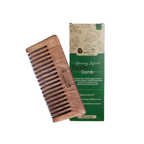 Organic B Handmade Wooden Comb - Wide Tooth Shampoo Hair Comb for Men and Women, Compact Travel-Friendly Anti-Static Neem Wood Comb, Durable Plastic-Free Biodegradable (Rosemary Infused) - Image 1