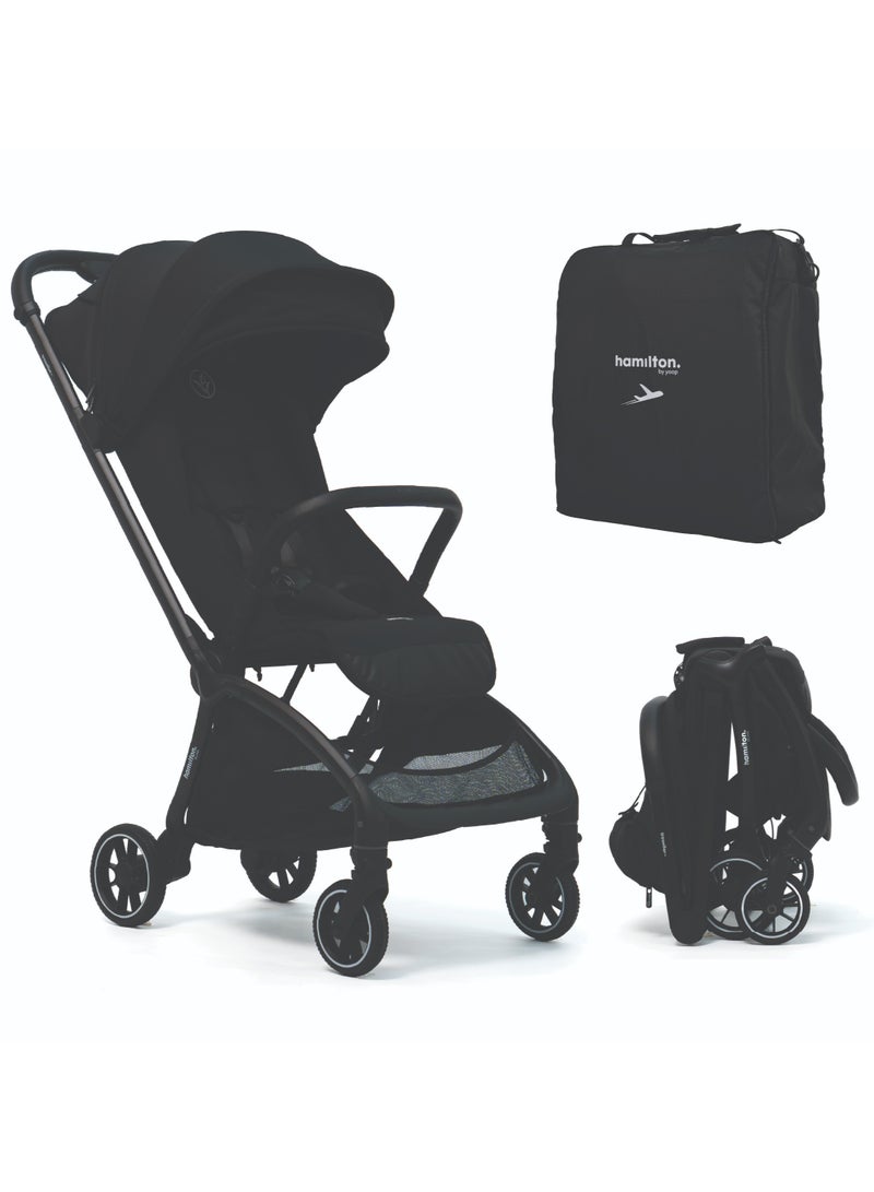 Hamilton by Yoop Traveller Basic Baby Stroller, MagicFold 2.0 Automatic Fold, Lightweight 7.5 kg Travel Stroller, UPF 50+ Sun Canopy, High Backrest, Rear Ventilation Mesh, Travel Bag Included, Black - Image 1