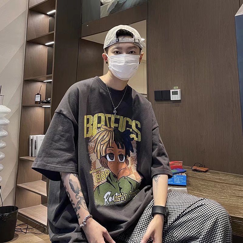 Trendy Cartoon Short-sleeved T-shirt Boys Summer American Retro Popular Brand Loose Hip-hop High Street Large Size Half-sleeved T-shirt - Image 1
