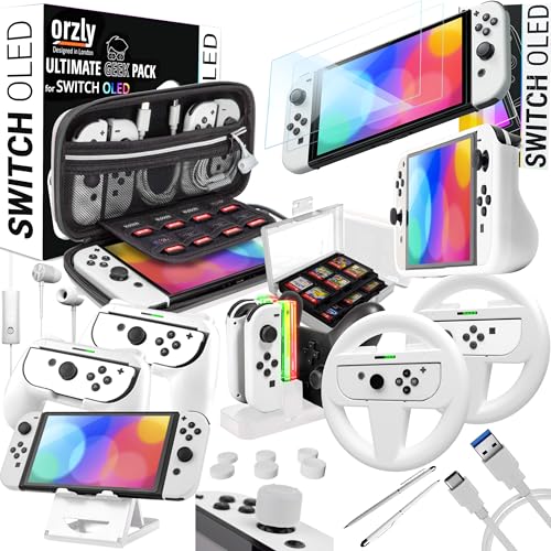 Orzly Accessories Kit Bundle Compatible with Nintendo Switch OLED Console (NOT 2017 Edition Compatible) Ultimate Geek Pack with Case and Screen Protector and Much More - Ice White Gift Boxed - Image 1