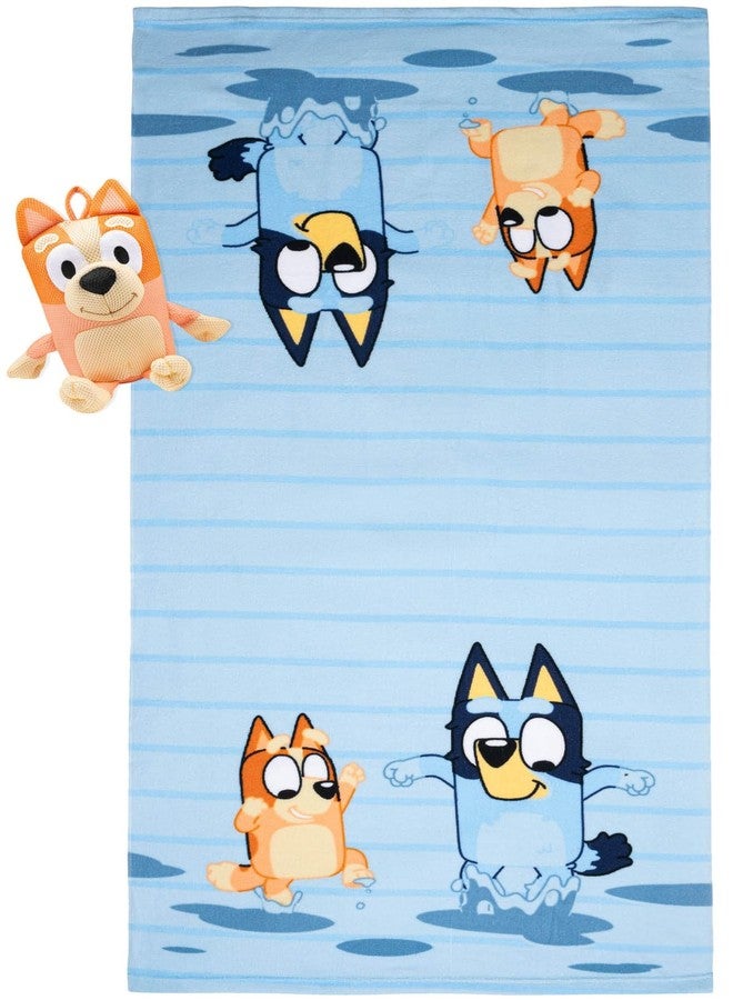 Jay Franco Bluey and Bingo Bath Towel & Bath Buddy Set - Kids Bathtub Accessories - Includes 25 x 50 Inch Microfiber Towel & 13 Inch Bingo Water Play Buddy - Image 1