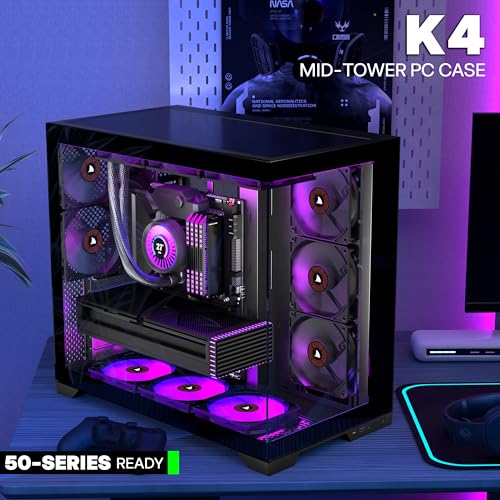 KEDIERS PC CASE ATX 5 Fans Pre-Installed, Type-C Mid Tower Computer Case with Full-View Dual Tempered Glass, Gaming PC Case,420mm Radiator Support,Black,K4(MAX) - Image 3