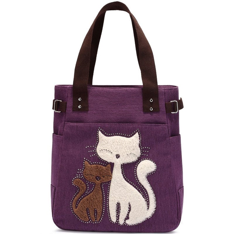 Valentoria Canvas Tote Handbag for Women Cute Cat Embroidery Shoulder Purse Large Zipper Travel Work Shopping Grocery Bags - Image 2