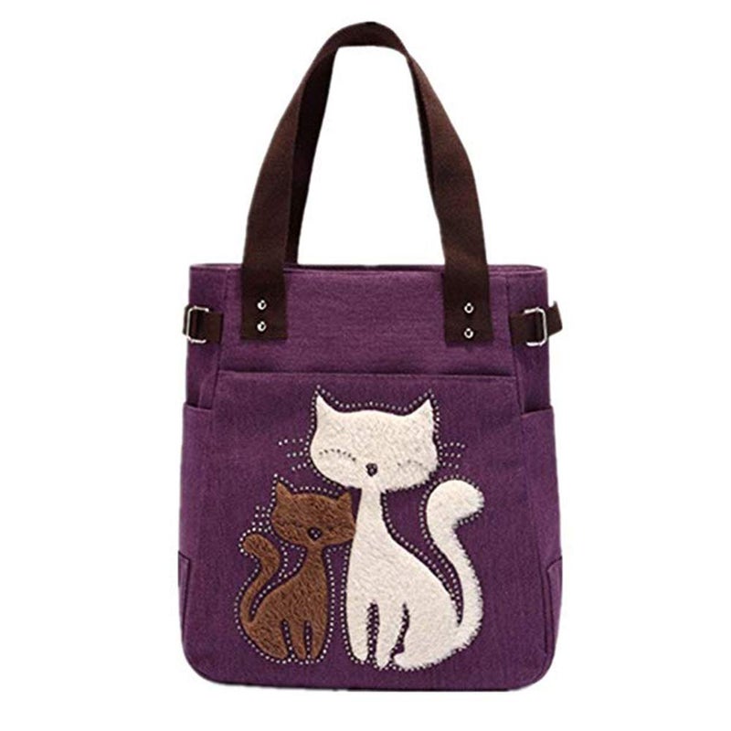 Valentoria Canvas Tote Handbag for Women Cute Cat Embroidery Shoulder Purse Large Zipper Travel Work Shopping Grocery Bags - Image 1