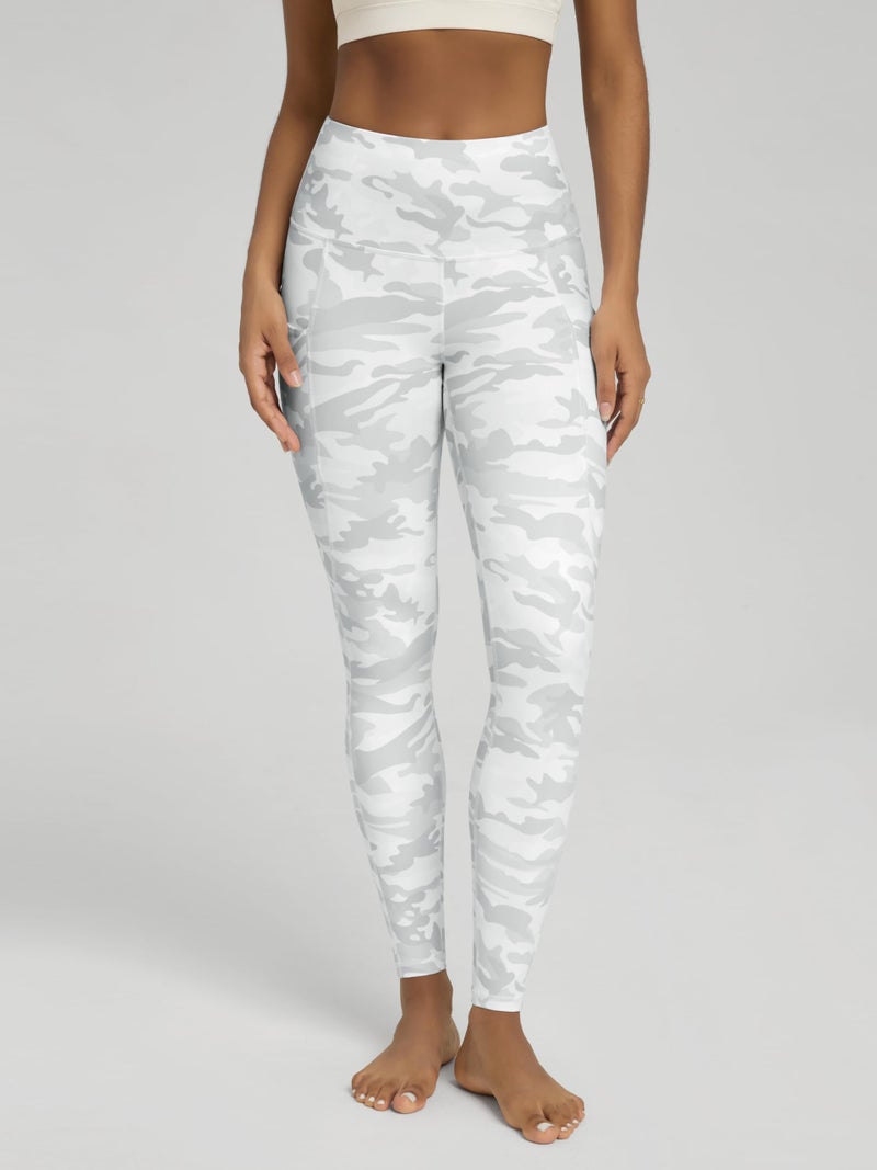 ODODOS Women's High Waisted Full Length Yoga Leggings with Pockets, 28" Inseam Tummy Control Non See Through Workout Athletic Running Yoga Pants, White Camo, Large - Image 2