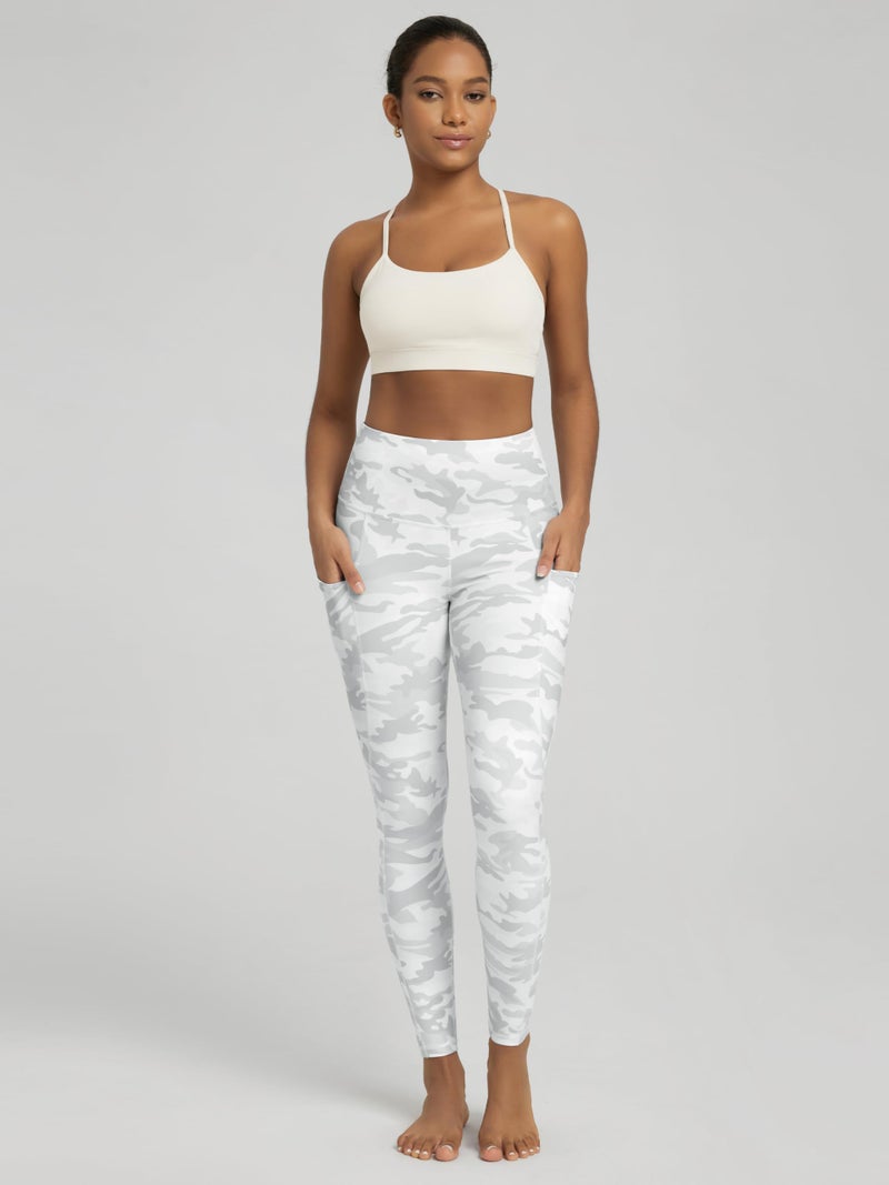 ODODOS Women's High Waisted Full Length Yoga Leggings with Pockets, 28" Inseam Tummy Control Non See Through Workout Athletic Running Yoga Pants, White Camo, Large - Image 3