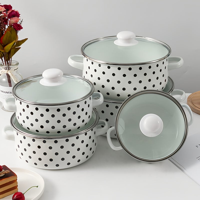 Sharpdo Enamel 5-Piece Cookware Set, Pots Enamel Small Pot Set for CookingChemical-Free, With Double Handles to Prevent Scalding，Set of Enamel  Easy to Clean Maintain， - Image 3
