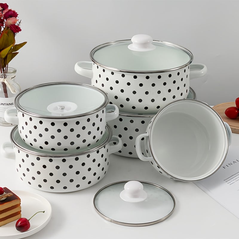 Sharpdo Enamel 5-Piece Cookware Set, Pots Enamel Small Pot Set for CookingChemical-Free, With Double Handles to Prevent Scalding，Set of Enamel  Easy to Clean Maintain， - Image 2