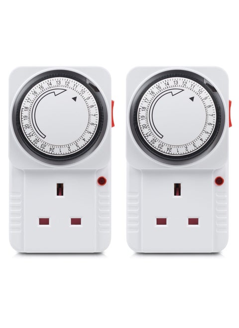 Timer Plug Socket, 24 Hour Programmable Mechanical Timer Plug Switch, Energy Saving UK Plug-in Indoor Timer Socket, for Lights, Indoor Lighting and Home Appliances (13A/3120W, 2 Pack)