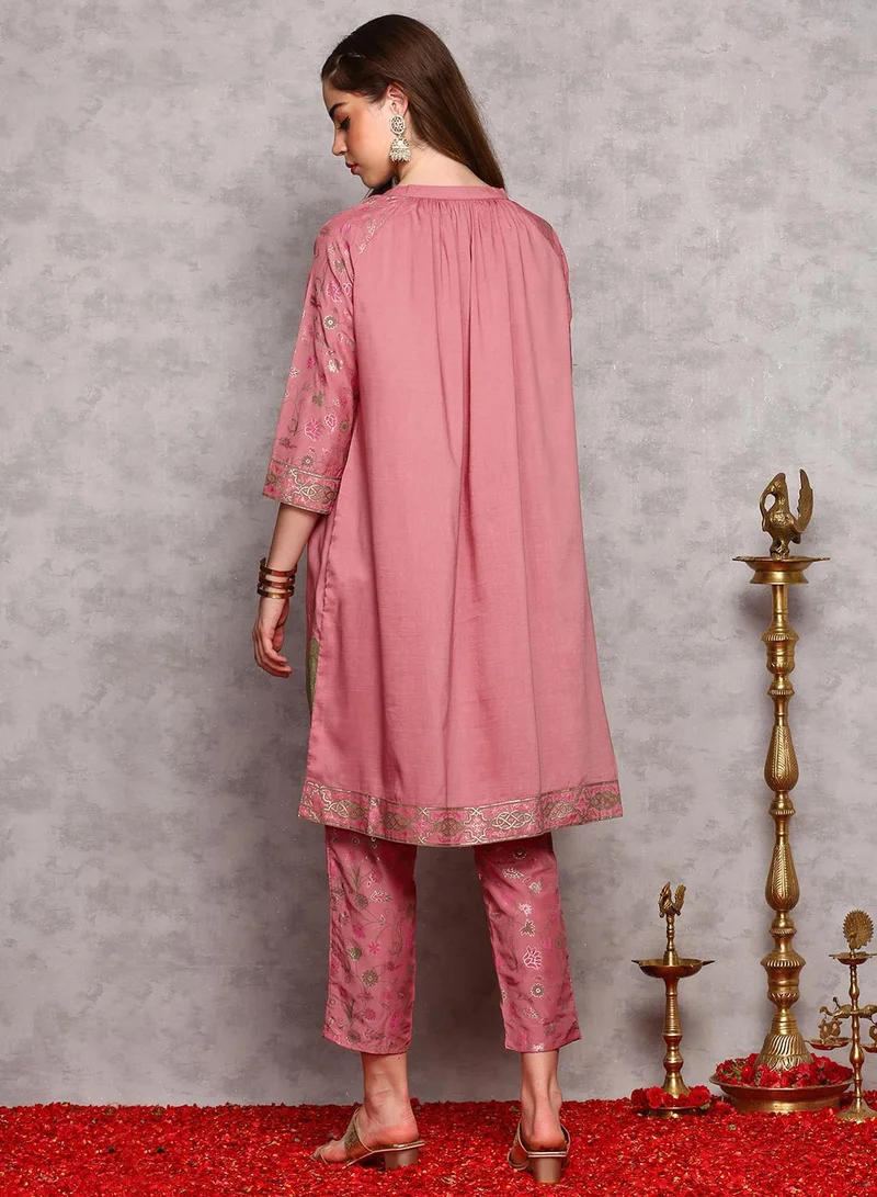 ISHIN Women's Light Pink 100% Cotton Self Design A-Line Kurta Set