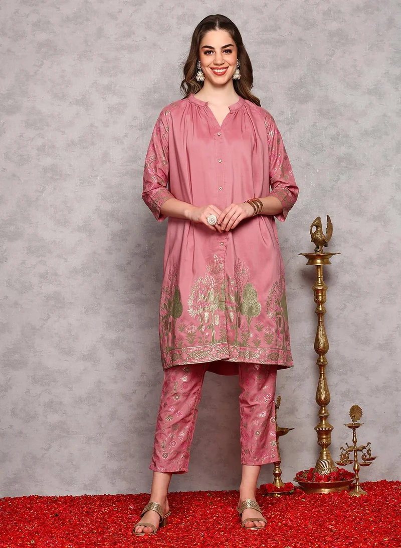 ISHIN Women's Light Pink 100% Cotton Self Design A-Line Kurta Set