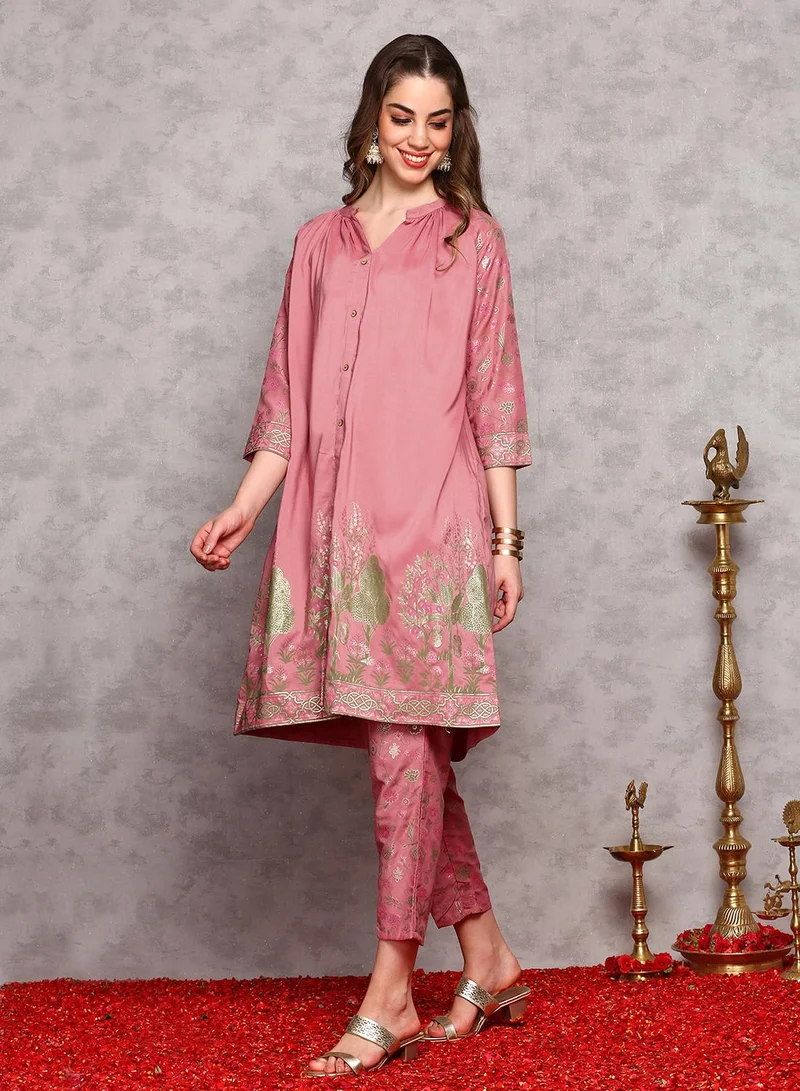 ISHIN Women's Light Pink 100% Cotton Self Design A-Line Kurta Set