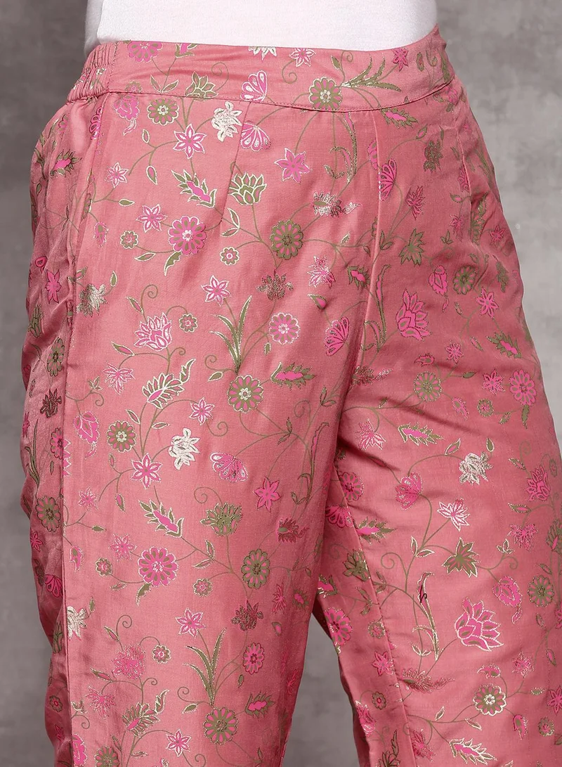 ISHIN Women's Light Pink 100% Cotton Self Design A-Line Kurta Set