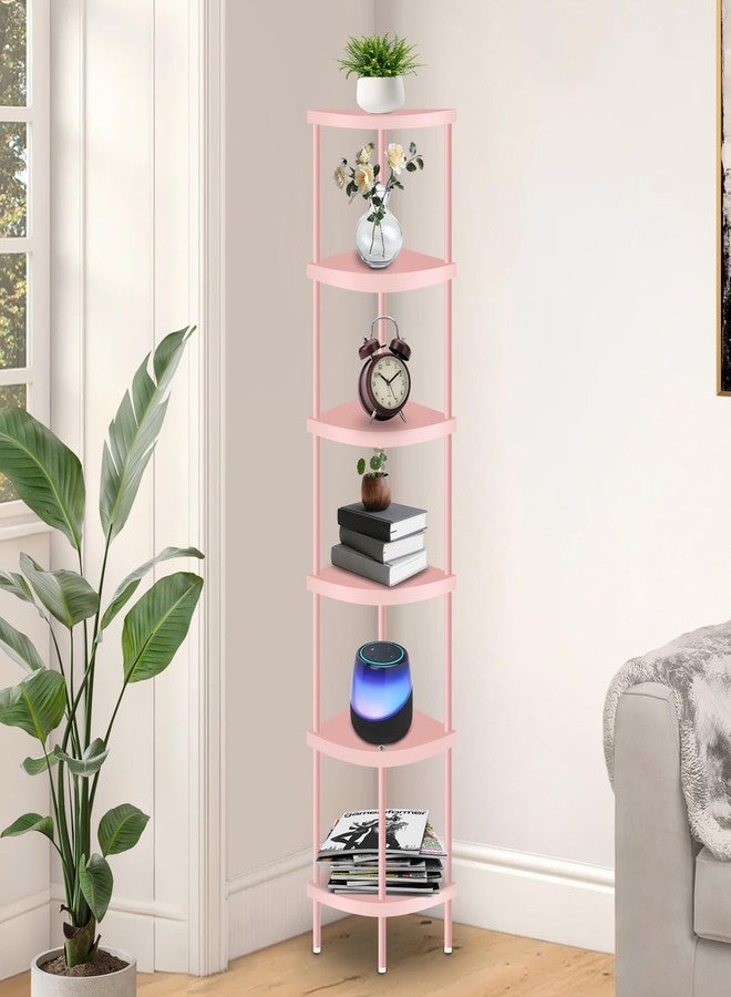 Qupui 6 Tier Corner Shelf Stand, 66” Tall Corner Bookshelf Multipurpose Shelving Unit, Corner Stand Display Rack Home Organizer Shelves for Bedroom Living Room, Pink - Image 1