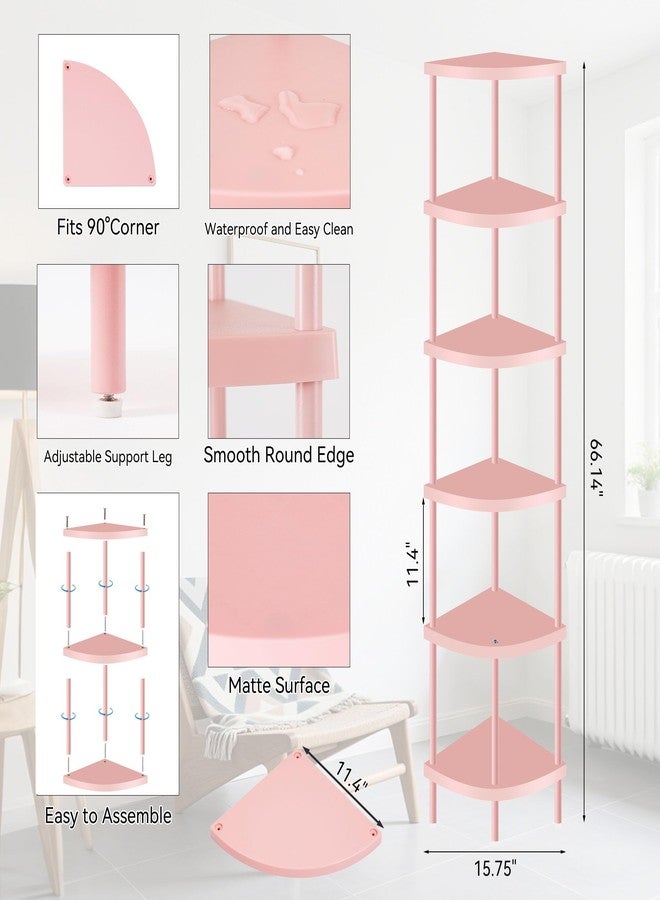 Qupui 6 Tier Corner Shelf Stand, 66” Tall Corner Bookshelf Multipurpose Shelving Unit, Corner Stand Display Rack Home Organizer Shelves for Bedroom Living Room, Pink - Image 2
