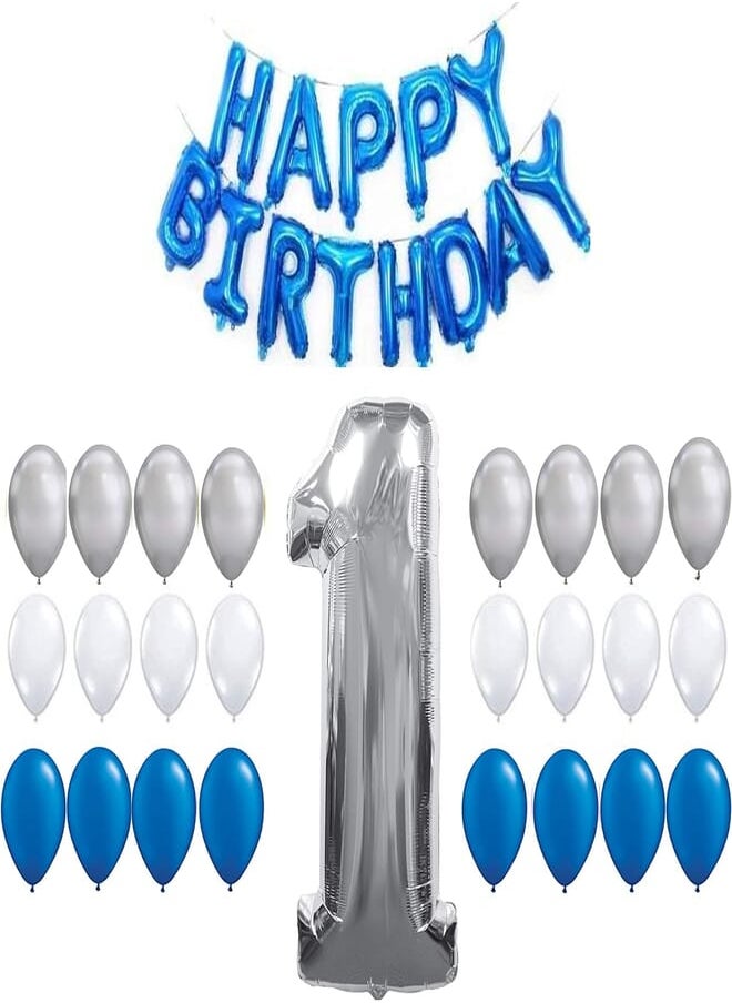 Salux - First Birthday Decoration, 24 Balloons Blue White & SIlver, BLUE Happy Birthday Banner, Number 1 Silver Foil - Salux Collection - Image 1
