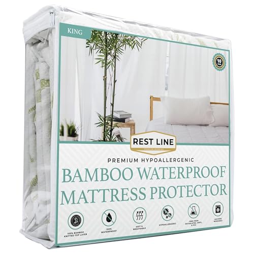 REST LINE PREMIUM BEDDING King Size 78x80” Premium Bamboo Waterproof Mattress Protector, 100% Viscose from Bamboo, Hypoallergenic, Cooling Mattress Pad Cover, Soft & Breathable Fitted Sheet Style up to 18" Deep - Rest Line - Image 1
