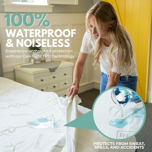 REST LINE PREMIUM BEDDING King Size 78x80” Premium Bamboo Waterproof Mattress Protector, 100% Viscose from Bamboo, Hypoallergenic, Cooling Mattress Pad Cover, Soft & Breathable Fitted Sheet Style up to 18" Deep - Rest Line - Image 3