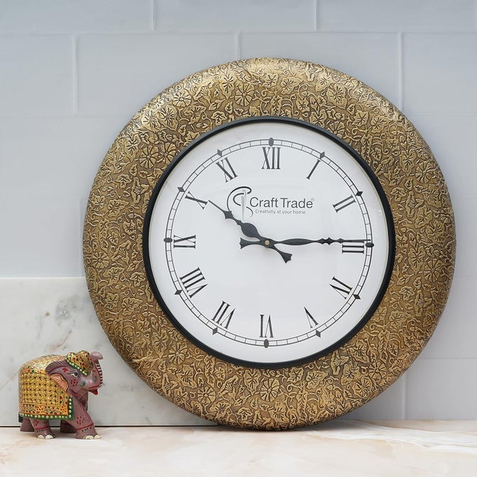 ANTIQUE WALL CLOCK FOR HOME ROMAN DIAL STYLISH DECORATIVE VINTAGE HANDPAINTED BRASS WALL CLOCK FOR HOME BEDROOM HALL AND OFFICE - 18 INCHES