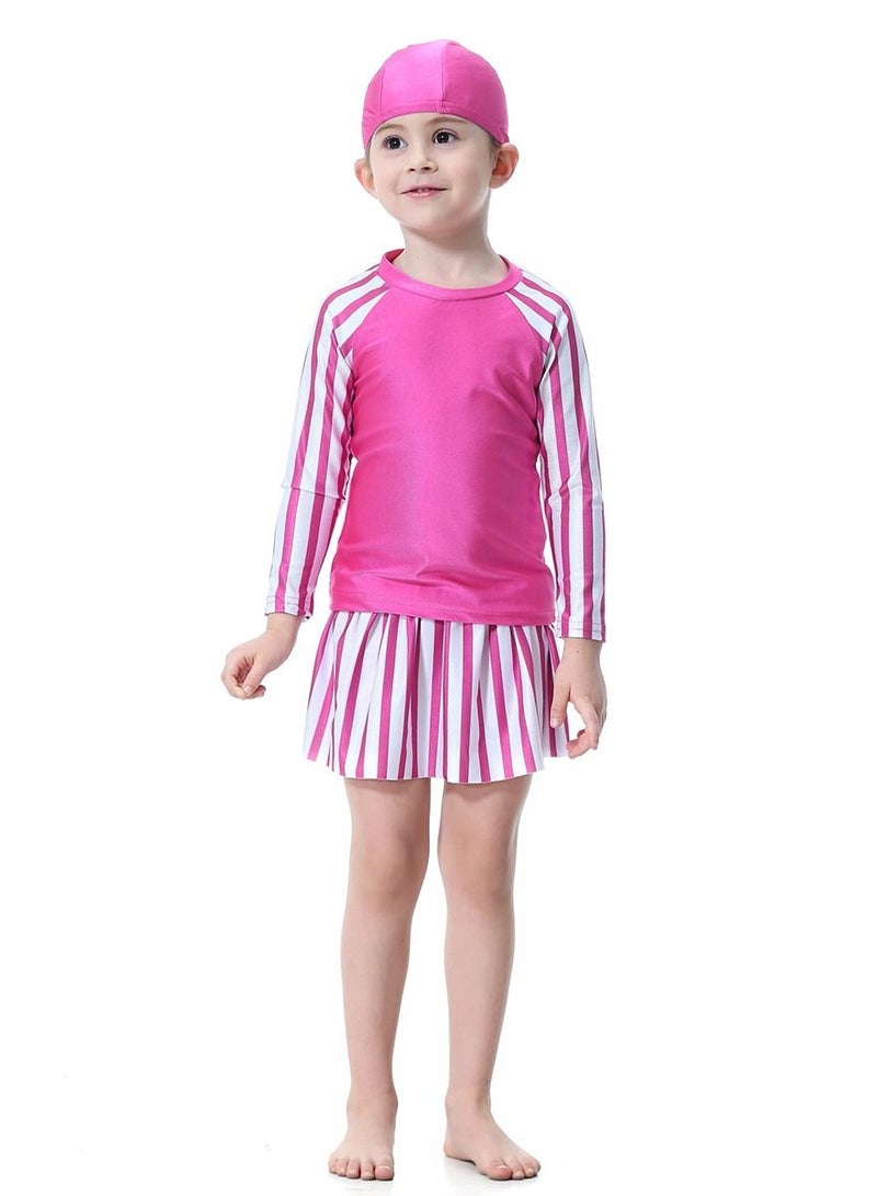 Loquat Girl's 3-Piece Stripes Pattern Swimwear Set Long Sleeve Burkini Swimsuit With Skirt Pink/White  - Image 1