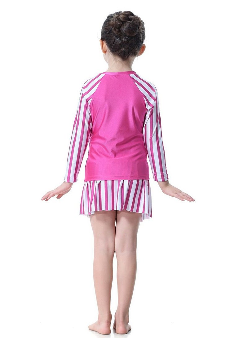 Loquat Girl's 3-Piece Stripes Pattern Swimwear Set Long Sleeve Burkini Swimsuit With Skirt Pink/White  - Image 2