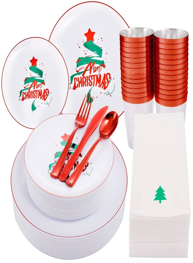 WDF 175pcs Christmas Plates Dinnerware - 25 Guests Unquie Desgin Red Plastic Plates with Green Christmas Tree Pattern, Red Plastic Cutlery, Clear Red Cups and Christmas Tree Napkins - Image 1