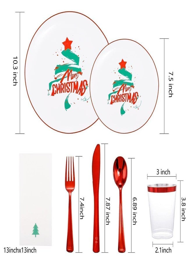 WDF 175pcs Christmas Plates Dinnerware - 25 Guests Unquie Desgin Red Plastic Plates with Green Christmas Tree Pattern, Red Plastic Cutlery, Clear Red Cups and Christmas Tree Napkins - Image 2