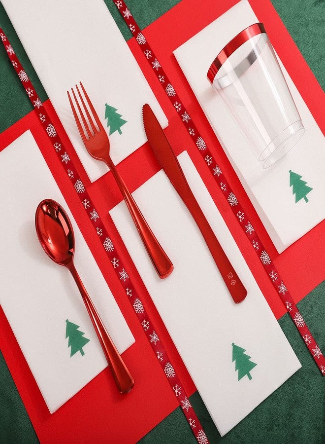 WDF 175pcs Christmas Plates Dinnerware - 25 Guests Unquie Desgin Red Plastic Plates with Green Christmas Tree Pattern, Red Plastic Cutlery, Clear Red Cups and Christmas Tree Napkins - Image 5
