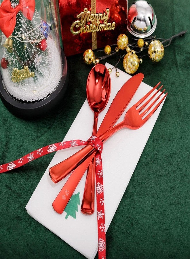 WDF 175pcs Christmas Plates Dinnerware - 25 Guests Unquie Desgin Red Plastic Plates with Green Christmas Tree Pattern, Red Plastic Cutlery, Clear Red Cups and Christmas Tree Napkins - Image 4