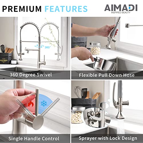 AIMADI Pull Down Kitchen Faucet with Sprayer,Commercial Single Handle Stainless Steel Brushed Nickel Kitchen Sink Faucet with LED Light - Image 4