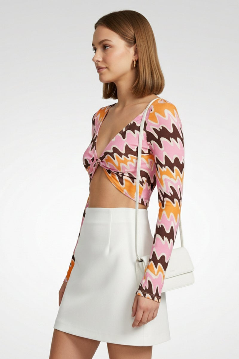 MONKI Women V-Neck Long Sleeve Abstract Print Top, Multicolor - Image 3