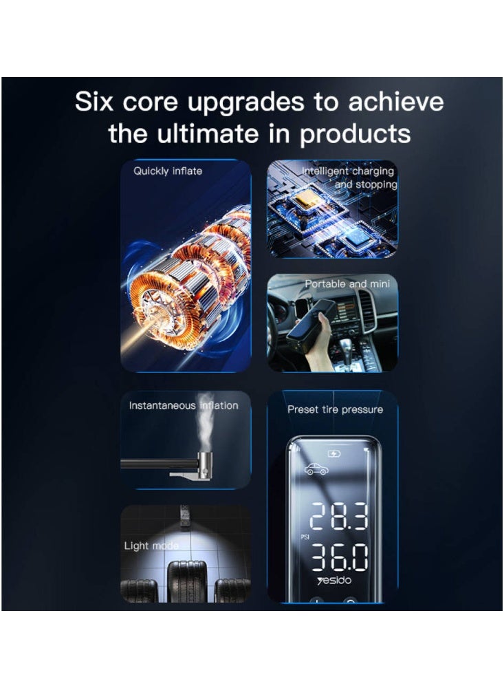 Yesido VC05 Digital Display Car Inflation Pump, 100LM LED Lighting, Multiple Heat Dissipation, No Tire Damage, 1800 RPM, 50W Power, 4000mAh Battery, ABS + PC Material, Black - Image 3