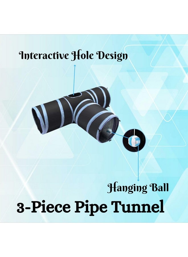 مجموعة نفق ووعاء للقطط والقطط الصغيرة - (نفق ثلاثي الاتجاهات باللون الأزرق ووعاء وجه الضفدع، صغير) | نفق ثلاثي الاتجاهات للقطط مع ورق مجعد وكرات معلقة | وعاء طعام وماء 2 في 1 للقطط - Image 4