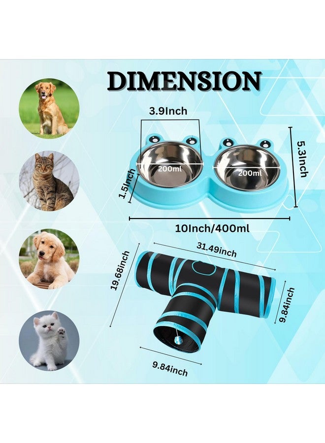 مجموعة نفق ووعاء للقطط والقطط الصغيرة - (نفق ثلاثي الاتجاهات باللون الأزرق ووعاء وجه الضفدع، صغير) | نفق ثلاثي الاتجاهات للقطط مع ورق مجعد وكرات معلقة | وعاء طعام وماء 2 في 1 للقطط - Image 2