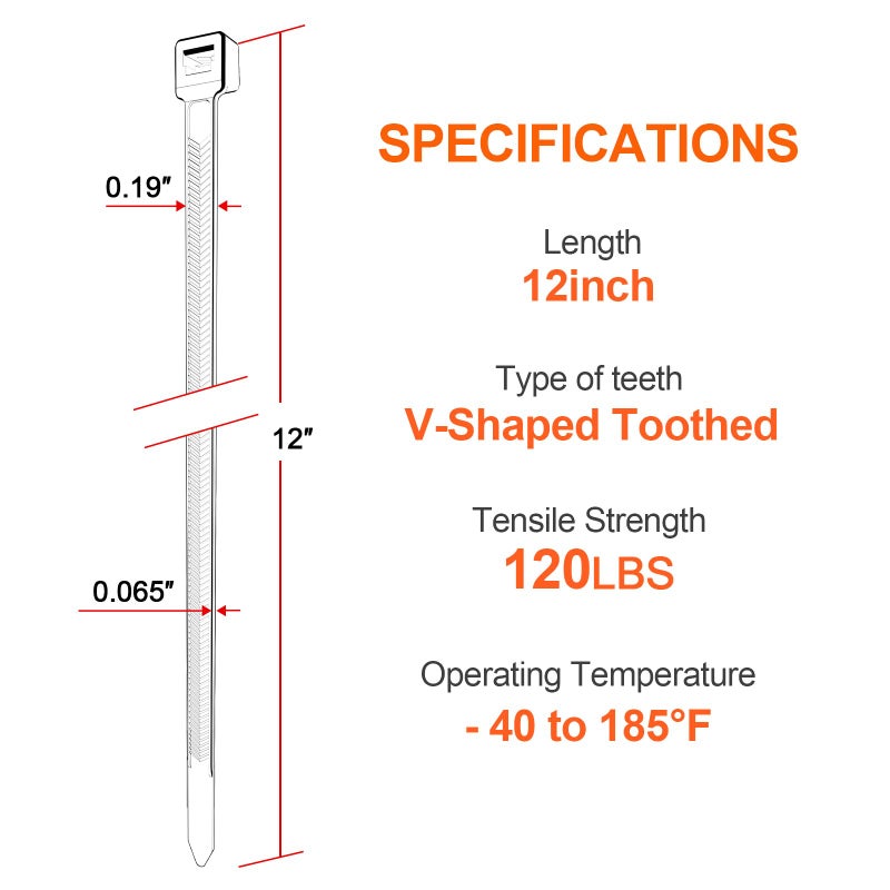 JIANYANG Zip Ties Heavy Duty 12 inchï¼ŒV-Shaped Toothed Double Sided With 120 LBS Tensile Strength Cable Ties ï¼ŒExtra Large Wire Ties Adjustable Nylon Tie Wraps for Indoor Outdoor Patented Designï¼ˆ100 Pack Blackï¼‰ - Image 3