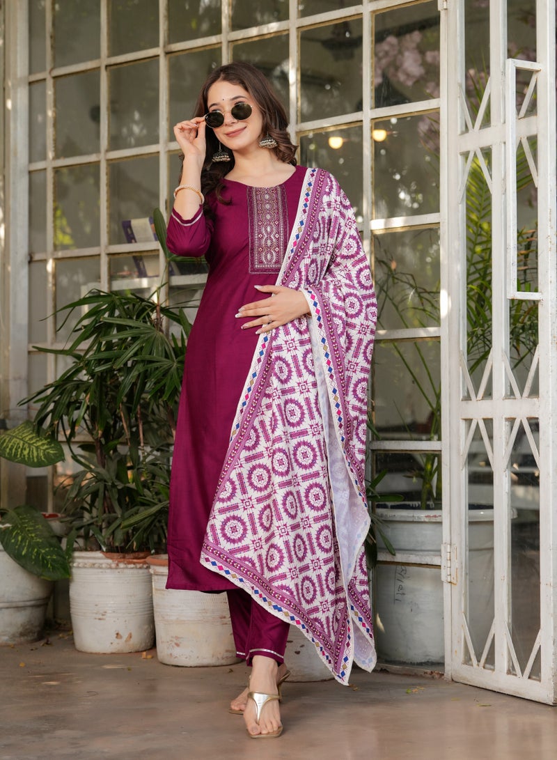 Women's Viscose Rayon Embroidery Straight Kurta with Pant and Dupatta Set.  - Image 1