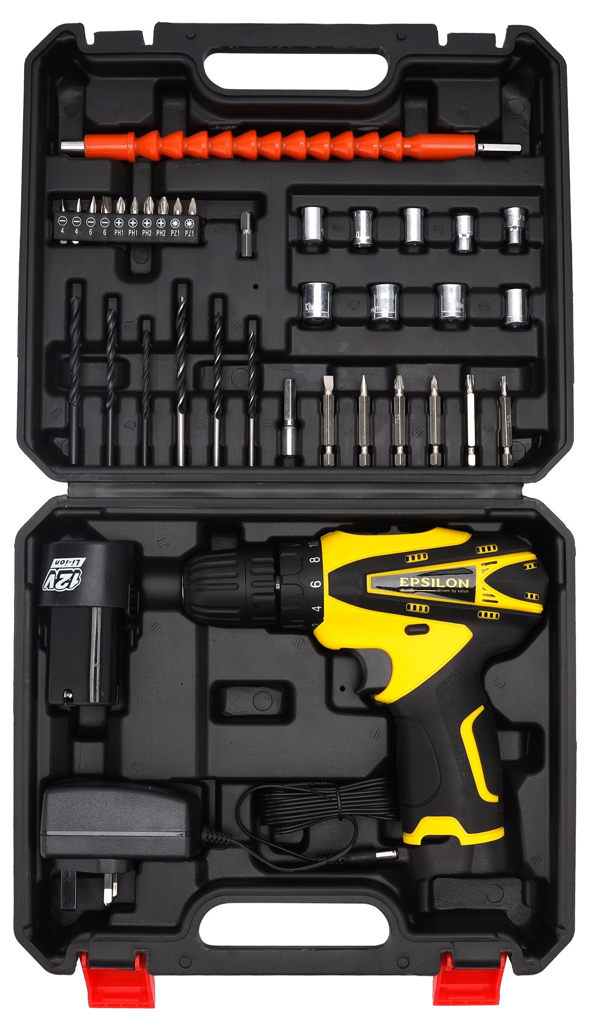 Epsilon ECD1037 12V Cordless Drill Kit with 10mm Keyless Chuck, 2-Speed 0-400/0-1400 RPM, Accessories Included, - Best Deal Finder