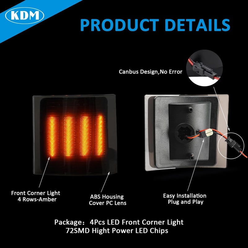 KDM LED Front Bumper Corner Side Marker Light for Chevy Silverado C10 C/K 1500 2500 3500 Blazer Suburban Tahoe 1994-1998 - Smoked Lens Amber, 4 Pack - Image 3