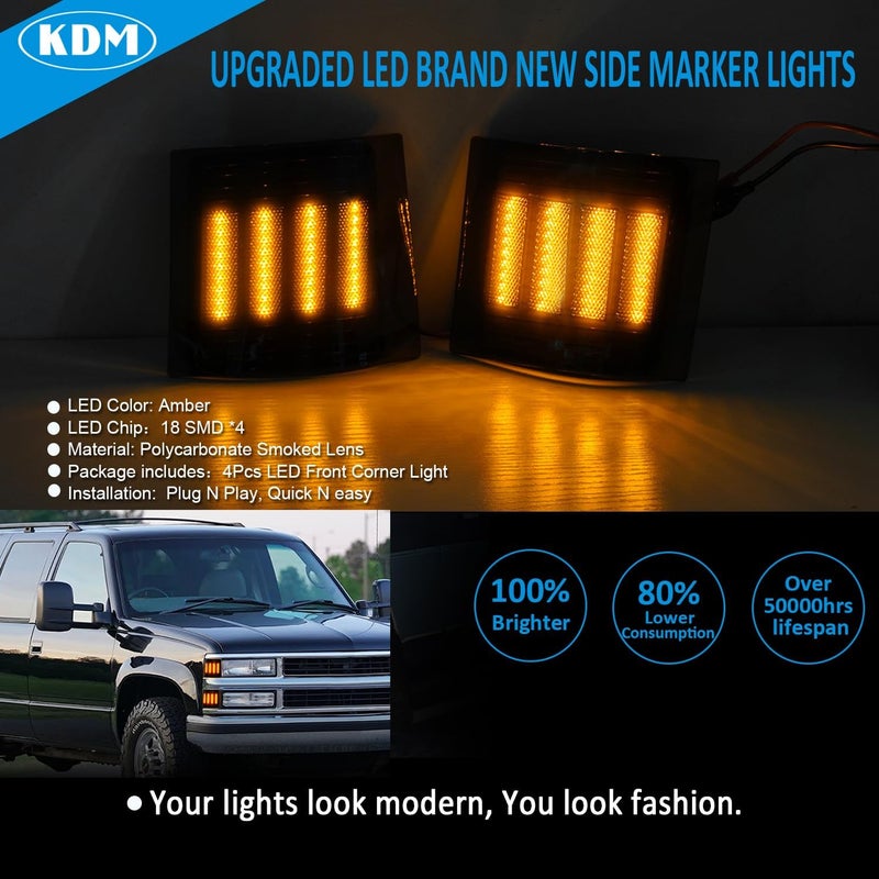 KDM LED Front Bumper Corner Side Marker Light for Chevy Silverado C10 C/K 1500 2500 3500 Blazer Suburban Tahoe 1994-1998 - Smoked Lens Amber, 4 Pack - Image 2