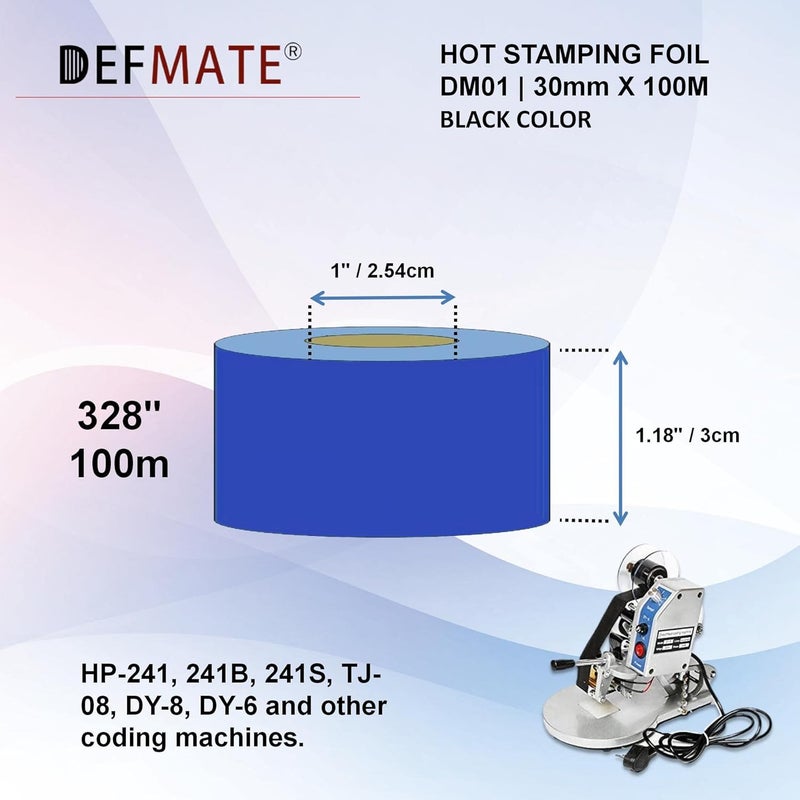 DEFMATE 6 لفات 30mm × 100m رقائق الختم الساخن الأسود شريط النقل الحراري الراتنج لآلة الطابعة الكود، شريط أسود لآلة الترميز - Image 2