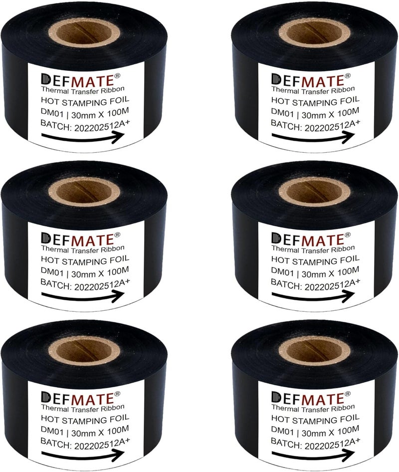 DEFMATE 6 لفات 30mm × 100m رقائق الختم الساخن الأسود شريط النقل الحراري الراتنج لآلة الطابعة الكود، شريط أسود لآلة الترميز - Image 1