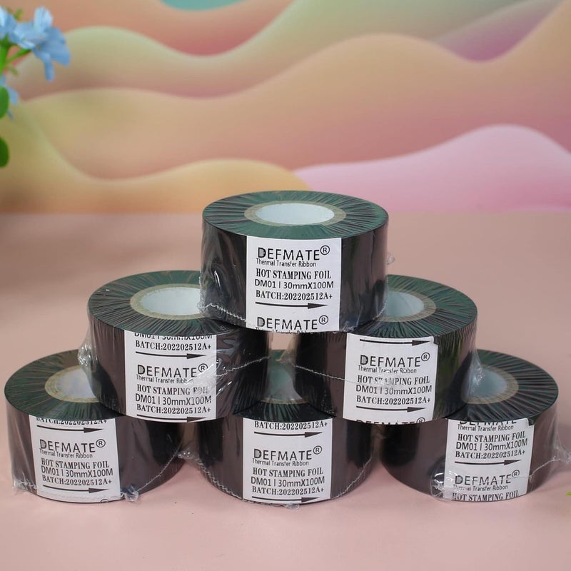 DEFMATE 6 لفات 30mm × 100m رقائق الختم الساخن الأسود شريط النقل الحراري الراتنج لآلة الطابعة الكود، شريط أسود لآلة الترميز - Image 3