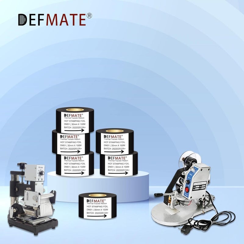 DEFMATE 6 لفات 30mm × 100m رقائق الختم الساخن الأسود شريط النقل الحراري الراتنج لآلة الطابعة الكود، شريط أسود لآلة الترميز - Image 5