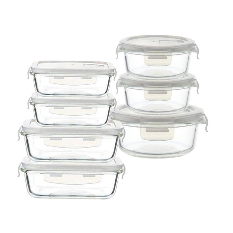Femora Femora Borosilicate Glass Containers for Kitchen | 1 Year Warranty |Container Boxes for Storage with Air Vent Lid,Microwave Safe (Set of 7-Rentangular-400ml,620ml, Round-380ml & 580ml).  - Image 1