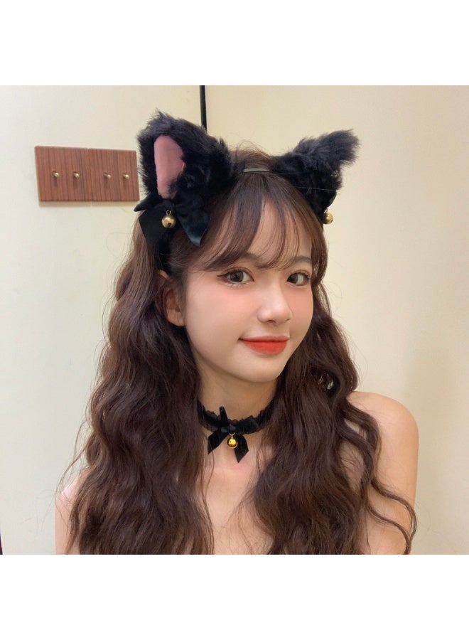 JAYATO Cute Cat Ear Hairpin Headband with Bell - Black - Image 1